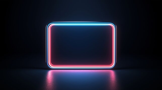 Glowing neon rectangle frame on dark background. Retro futuristic concept. Image for poster and game interface. Front view with reflection effect and copy space.