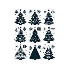 Set of Christmas christmas trees ornament decoration silhouette vector art illustration on a white background