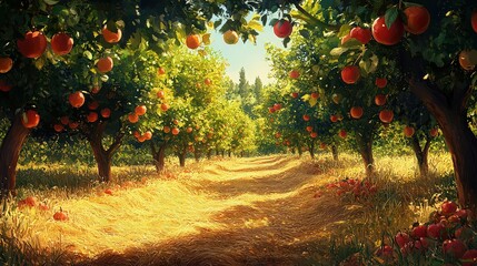Fototapeta premium Beautiful orchard filled with ripe apples hanging from trees, bathed in golden sunlight, with a path covered in dried grass leading through the peaceful grove.
