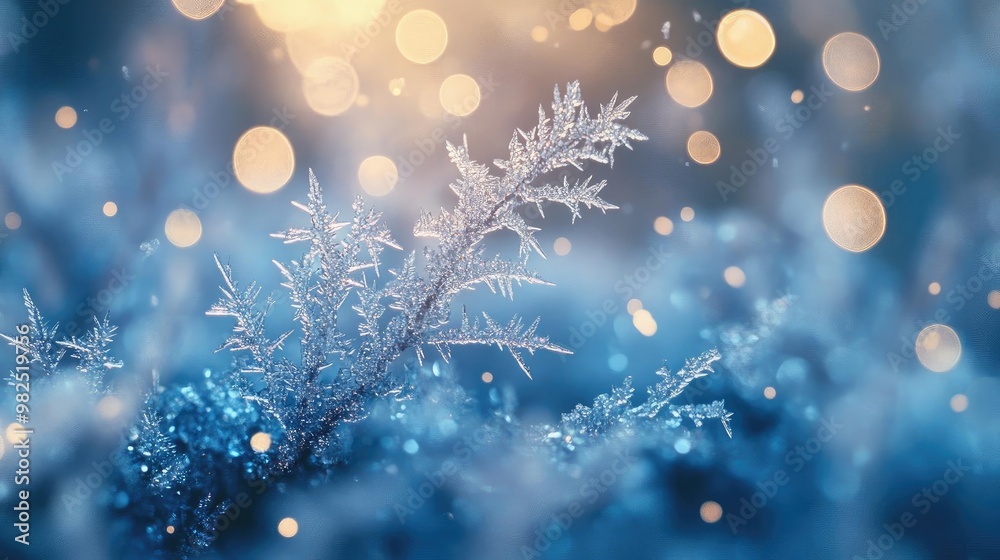 Poster a serene winter scene featuring frosty branches and sparkling bokeh lights, evoking a magical, tranq