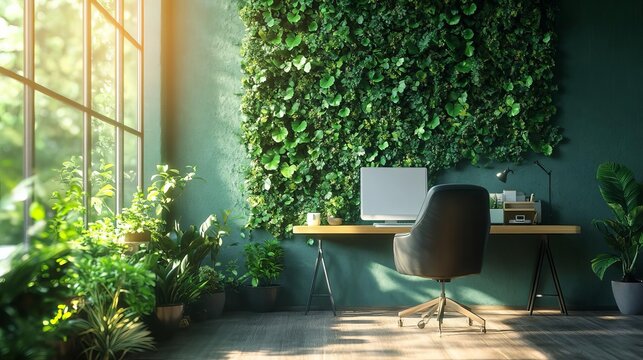 A stylish workspace illustrating professional networking among women leaders within a green office The scene features ecofriendly decor, greenery, and a blank wall for text overlay