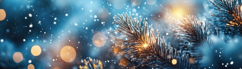 Enchanting winter scene featuring snowflakes, glowing lights, and frosty pine branches, perfect for holiday-themed projects.