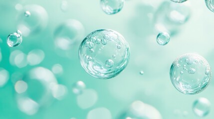 Close-up of small, translucent water bubbles on a pastel teal background.