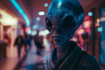 UFO space visitor alien on Earth living human life with everyday routine staff, Generative AI