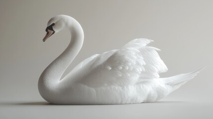 A white swan is laying on its back on a white background