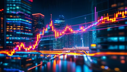 Vibrant neon financial data flows through a lively urban nightscape, embodying the pulse of contemporary economics and city life