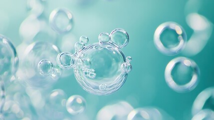 Close-up of small, translucent water bubbles on a pastel teal background.