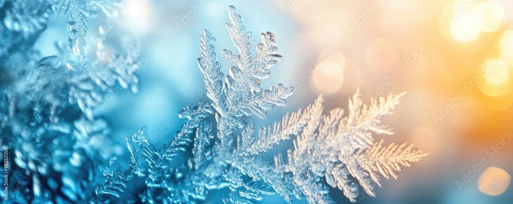 Poster close-up of a delicate snowflake with a shimmering background, capturing the beauty and intricacy of