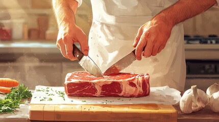  Chef expertly slices a thick piece of raw meat on wooden cutting board, preparing ingredients for a gourmet dish in a warm, sunlit kitchen.