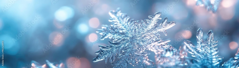 Poster close-up of delicate snowflakes shimmering in soft winter light, creating a serene and magical winte
