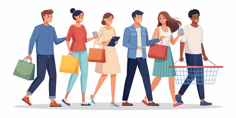 Obraz premium Flat Candid Group Shopping with Digital Coupons: Friends Engaging in Retail Savings Together | Vector Illustration for Marketing Campaigns