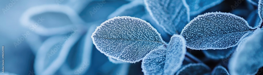 Poster close-up of frosted leaves showcasing intricate ice patterns, evoking a serene, chilly atmosphere in