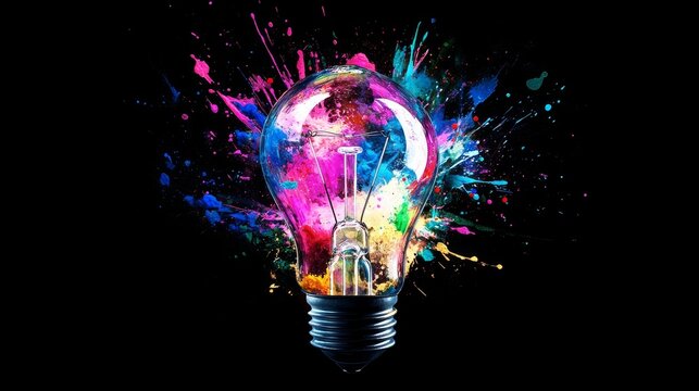 Creative light bulb explosion with vibrant paint splashes on black background symbolizing innovation and the concept of thinking differently, unique ideas, and imagination