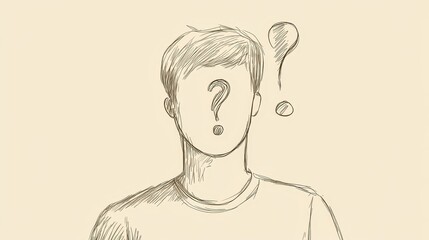 Minimalist continuous line drawing of a man with a question mark, symbolizing curiosity, uncertainty, and pondering in a simple abstract illustration