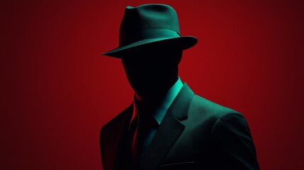 A man wearing a hat and a suit is standing in front of a red background