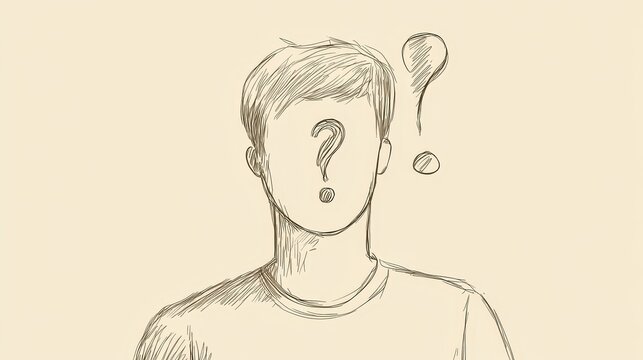 Minimalist continuous line drawing of a man with a question mark, symbolizing curiosity, uncertainty, and pondering in a simple abstract illustration