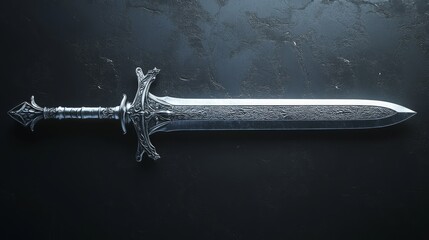 A silver sword with a black handle and a black cross on the hilt