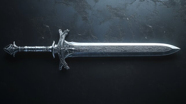 A silver sword with a black handle and a black cross on the hilt