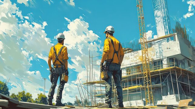  Construction workers in yellow vests watch towering building under blue sky. Scaffolding and cranes symbolize progress in modern architecture and development.