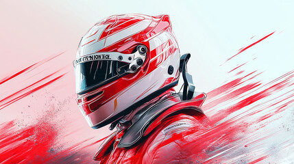 Fototapeta premium Futuristic race driver portrait with a helmet, wearing a red and white racing suit. Concept of speed in motion. Illustration design for a poster or cover photo
