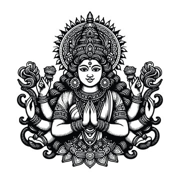 hand drawn illustration of goddess Lakshmi. engraving black and white Indian God vector illustration isolated background