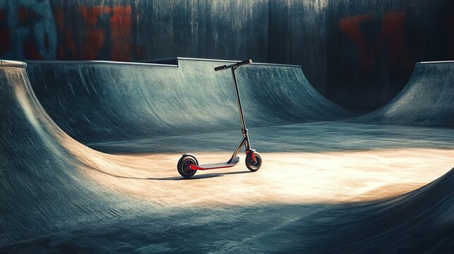 patinete cromado parado em uma pista de skate