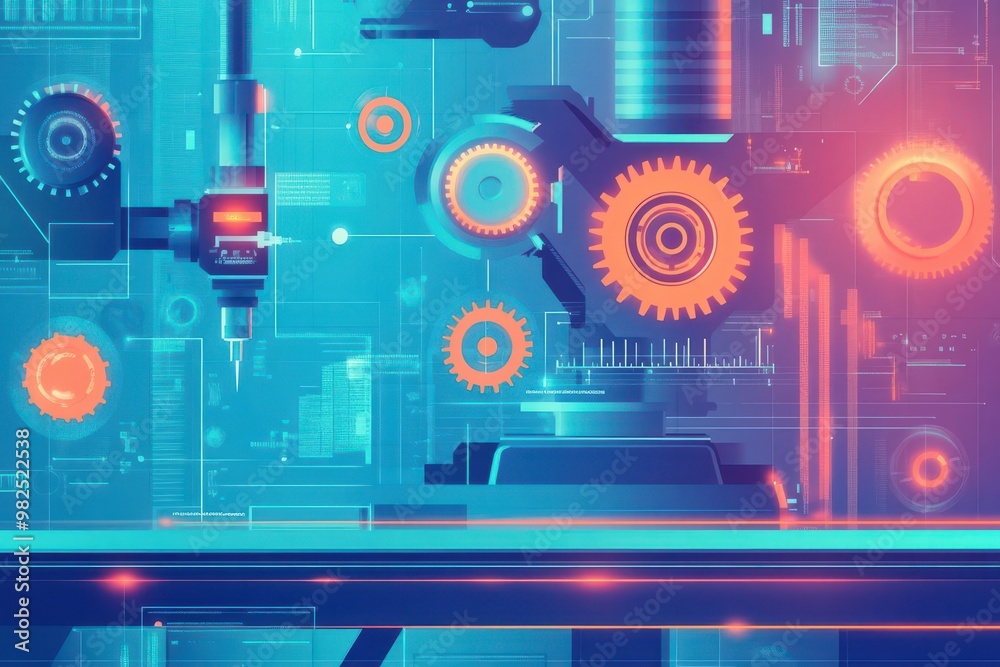 Poster robotics and gear mechanisms in a futuristic factory, flat design illustration