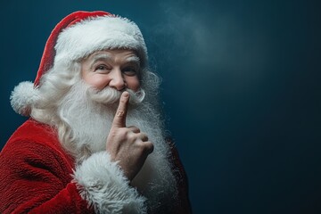 Santa claus making shh gesture on blue background with copy spaace