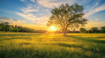 Fototapeta premium Solitary Tree in a Meadow at Sunset