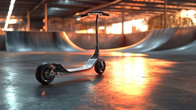 patinete cromado parado em uma pista de skate