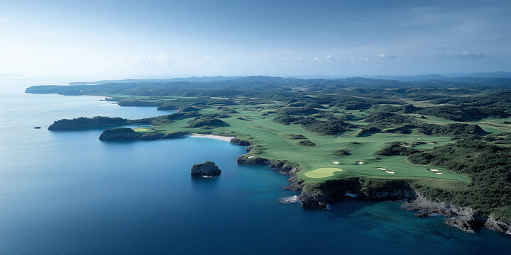 A resort golf course by the ocean, on a beautiful sunny day. A long hole par 5 hole by the sea shore. aerial shot. Generative AI.