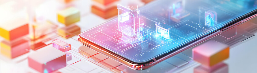 Glossy Smartphone on White Background with Holographic Business & Retail Icons for Mobile Commerce Marketing - Copy Space for Branding