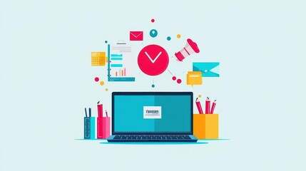 Online learning platform, students on laptops, flat design illustration