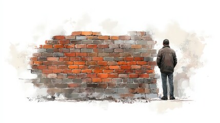  Person standing in front of a brick wall, symbolizing obstacles, challenges, and limitations, reflecting a moment of contemplation and struggle.