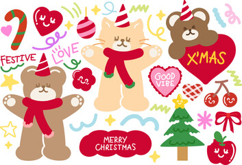 Cute Christmas and New Year illustrations of teddy bear, cat, red scarf, party hat, heart, red ribbon, Christmas tree, candy cane, ornaments, light, party hat, good vibe letters, festive font, star
