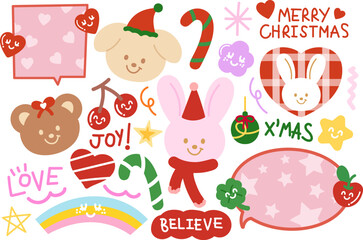 Cute Christmas and New Year illustrations of teddy bear, puppy, pink bunny, candy cane, red scarf, party hat, heart, clover leaf, rainbow, ornament, text bubbles, cherry, MERRY CHRISTMAS letters, star