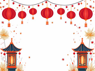 Flat Lantern and Sparkler Border Frame with Generous Copy Space for Festive Greetings and Announcements - Minimalistic Warm Design