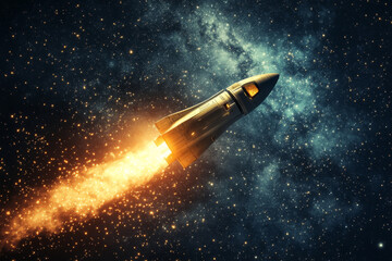 New Ship Rocket flies to another planet. Spaceship lift off into the starry sky space. Rocket starts mission into space. Concept.