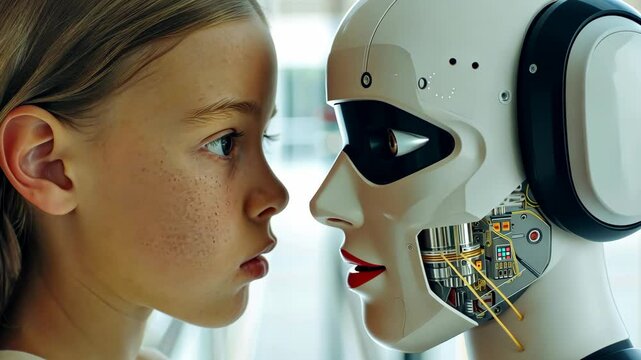 Young girl observing the intricate features of an advanced gynoid face