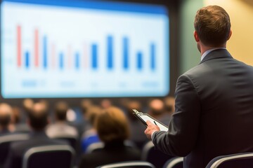Professional presenting business data at a conference in a modern venue with an audience engaged in discussion