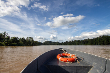  A scenic view from a boat on a muddy river, surrounded by lush greenery and a bright, partly...