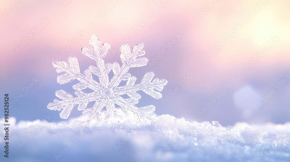 Poster a delicate snowflake resting on soft snow, showcasing intricate patterns and the serene beauty of wi