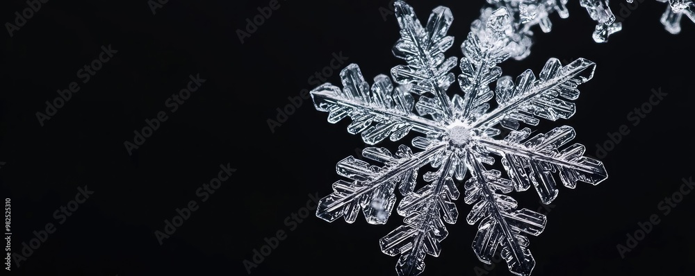 Poster a stunning snowflake captured against a black background, showcasing intricate details and unique sh