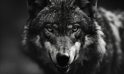 Fierce Greyscale Closeup of an Angry Wolf, Intense Gaze, Blurred Background, Wild Animal, Wildlife Photography, Predatory Instincts