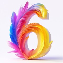 Naklejka premium 3D number 6 with colored feather texture realistic modern design, soft lighting, white background