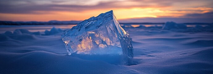 Obraz premium A large icey blue diamond melting in the sunset on an arctic beach, surrounded by snow and icy sand dunes.