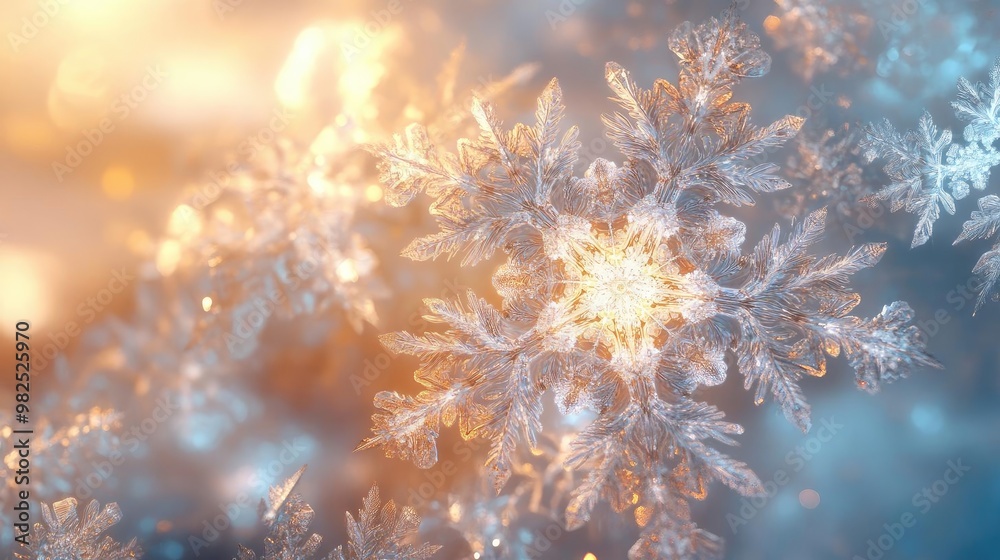 Poster Close-up of a unique snowflake, showcasing intricate patterns and delicate features, illuminated by warm and cool tones.