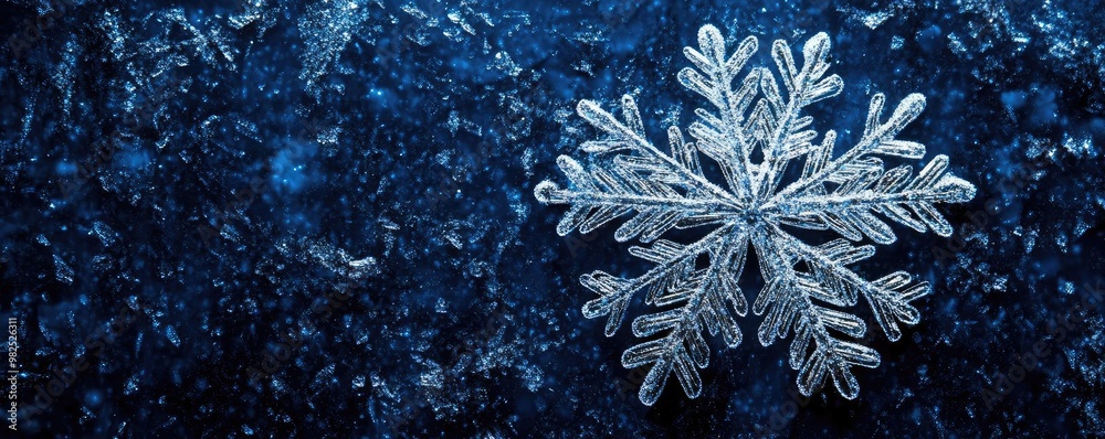 Poster A stunning close-up of a snowflake on a blue background, showcasing intricate patterns and the beauty of winter's artistry.