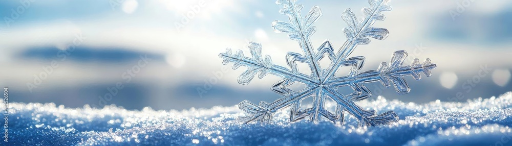Poster a close-up of a single snowflake resting on soft snow, glistening in the bright winter sunlight. per