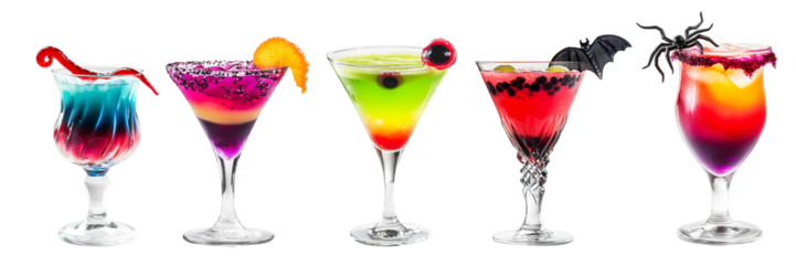 Collage with creepy colorful Halloween cocktails decorated with garnish